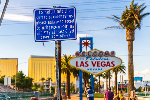 Las Vegas, Nevada, USA - May 01, 2020: Social Distancing sign at Welcome to Las Vegas sign.