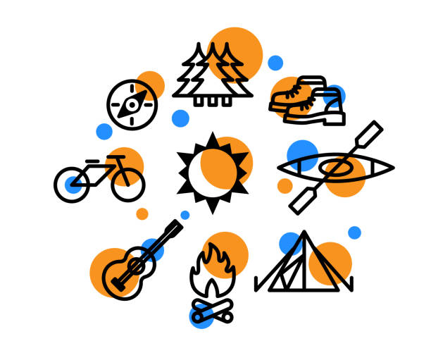 Camping icons set Animation vacations icons set, travel related in outline design pedal boat stock illustrations