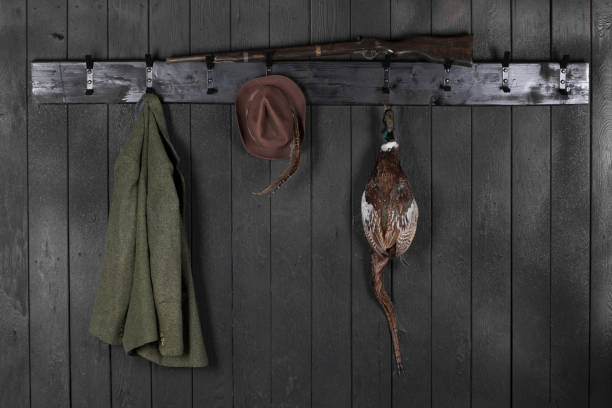 istock Hunting gear on wooden background,pheasant carcass 1223670371