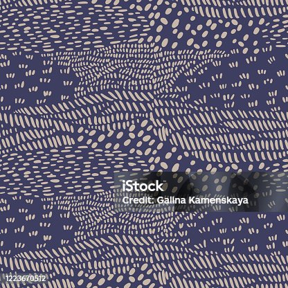 istock Simple geometric modern ornament. Stylish dash lines and doodles seamless pattern. Animal skin texture. 1223670512