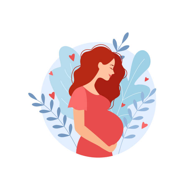 Happy pregnant woman holds her belly. Decorated beautiful leaves Happy pregnant woman holds her belly. Decorated beautiful leaves. Vector illustration. pregnancy and childbirth stock illustrations