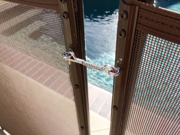 Safety fence at swimmimg pool Safety fence at swimmimg pool with child protection gate for drowning pool gate stock pictures, royalty-free photos & images
