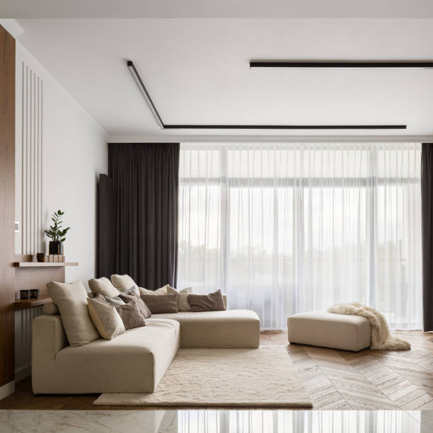 istock Living room with beige corner sofa 1223674076