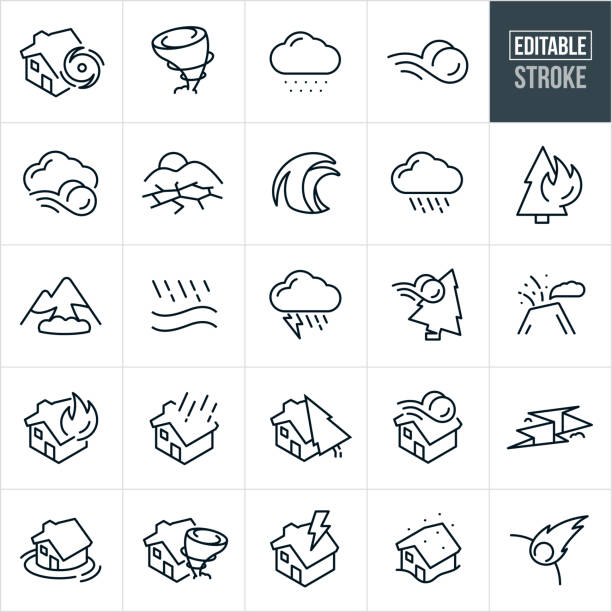 Natural Disaster Thin Line Icons - Editable Stroke A set of natural disaster icons that include editable strokes or outlines using the EPS vector file. The icons include a hurricane, tornado, snow storm, wind, drought, wave, tsunami, thunderstorm, forest fire, avalanche, flood, lightning, volcano, house fire, house disaster, earthquake, house flood, blizzard and astroid to name a few. forest fire stock illustrations