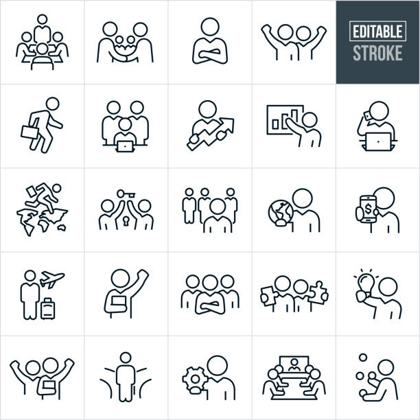 business people thin line icons - bearbeitbarer strich - arme verschränkt stock-grafiken, -clipart, -cartoons und -symbole