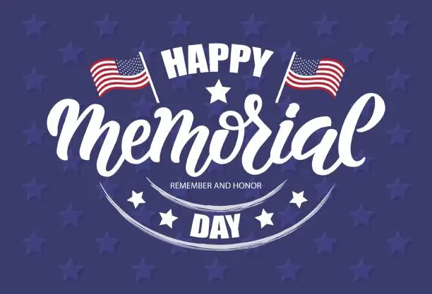 Vector illustration of Vector illustration of Memorial Day logotype. Hand drawn lettering, celebration text, stars, and flags on blue background. Typography poster for American national holiday. Icon, postcard, badge design
