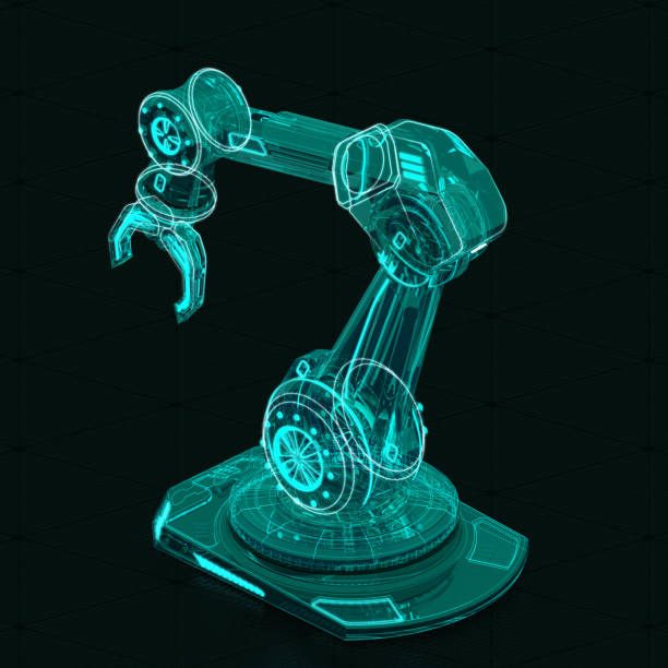 istock Holographic technical visualization of robotic hand, isometric view from the back on dark background. 1223675777