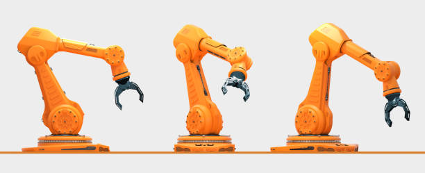 istock Industrial orange robotic hand in different positions. 1223675852