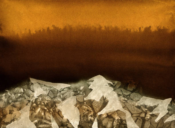 Mountains landscape. Painting. Nature background with no people. Sunrise sunset landscape with yellow black color skies. Dramatic mountains scenery. Watercolor painting. Nature background with no people. Rocks under the ice. remarkable hell stock illustrations