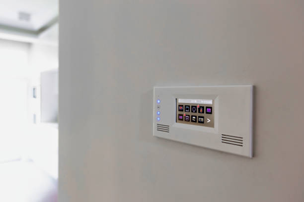 istock Close up photo of modern touch switch board on wall 1223678088