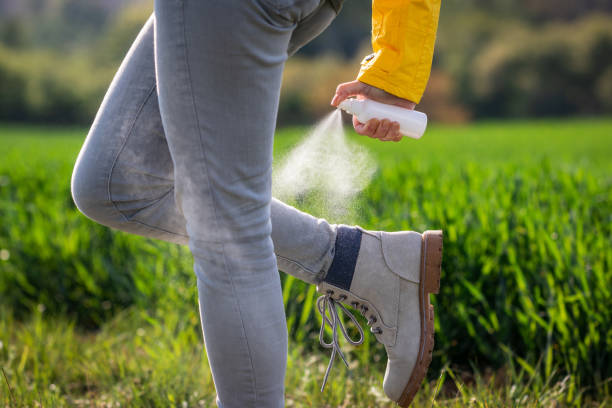 istock Spraying insect repellant on legs in nature 1223678418