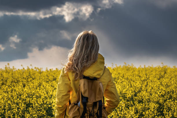 la tempesta e la pioggia stanno arrivando. donna escursionistica in piedi nel campo di colza e guardando il cielo nuvoloso - nature rain crop europe foto e immagini stock