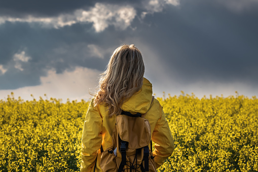 Storm and rain is coming. Hiking woman standing in rapeseed field and looking at cloudy sky