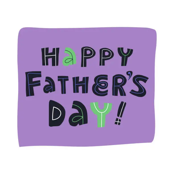 Vector illustration of Cute Happy fathers day greeting hand lettering on purple square background design. Flat vector isolated illustration.