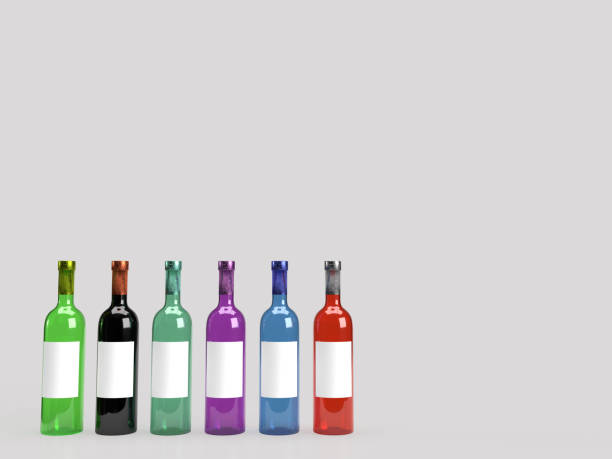 istock 3d render of different colored foil sealed glass wine bottle in solid light grey background with white blank label for product mockup. 1223681165