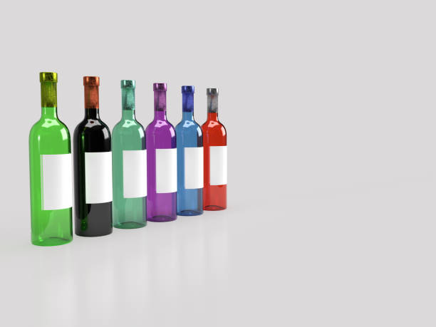 istock 3d render of different colored foil sealed glass wine bottle in solid light grey background with white blank label for product mockup. 1223681269