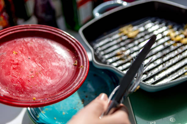 istock dirty colored plates with forks and grill pan 1223683446