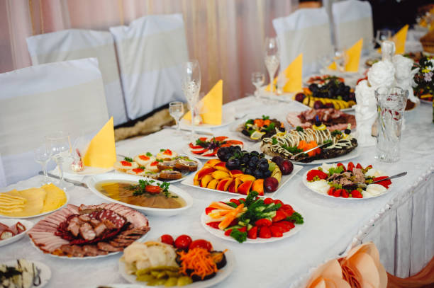 istock Served banquet table in a restaurant with cold, hot appetizers. Feast on a merry party, a birthday party, a party, a business reception. Close-up. 1223684862