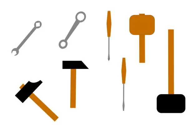 Vector illustration of Set of bench tools on a white background. Hammer. Wrench. Construction and repair. Joiner's tool. Screwdriver. Repair equipment. Template for text. Poster. Vector.