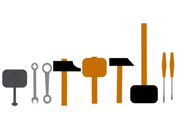 Vector illustration of Set of bench tools on a white background. Hammer. Wrench. Construction and repair. Joiner's tool. Screwdriver. Repair equipment. Template for text. Poster. Vector.