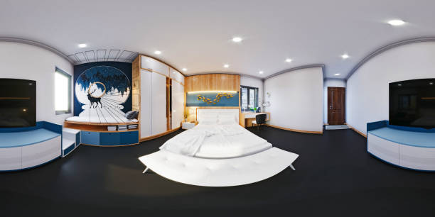 istock 3D RENDER OF MODERN HOTEL ROOM, 360 DEGREES VIEW 1223685941