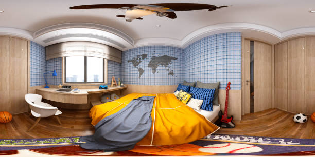 istock 3D RENDER OF MODERN HOTEL ROOM, 360 DEGREES VIEW 1223686099