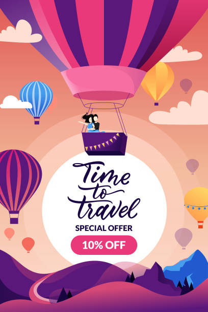 Time to travel banner, poster design template. Couple in hot air balloon and calligraphy lettering. Vector illustration Time to travel banner, poster design template. Couple in hot air balloon in sunset sky, mountain landscape and hand drawn calligraphy lettering. Vector illustration. Summer trip and tourism background cappadocia balloon stock illustrations