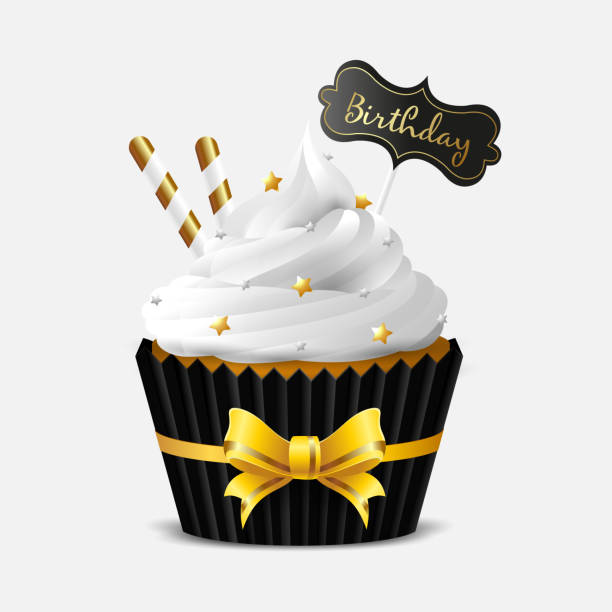 illustrazioni stock, clip art, cartoni animati e icone di tendenza di dolce cupcake con glassa bianca su sfondo bianco. tag con la scritta compleanno - ribbon nobody cupcake celebration