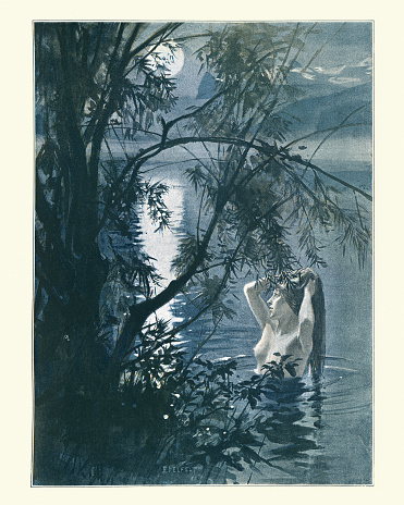 Vintage illustration of a Young woman bathing by moonlight, Victorian art print, 19th Century