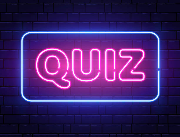 ilustrações de stock, clip art, desenhos animados e ícones de quiz neon text banner on brick wall. questions team game. quiz night poster. pub neon signboard. night bright advertising. vector illustration - time duration