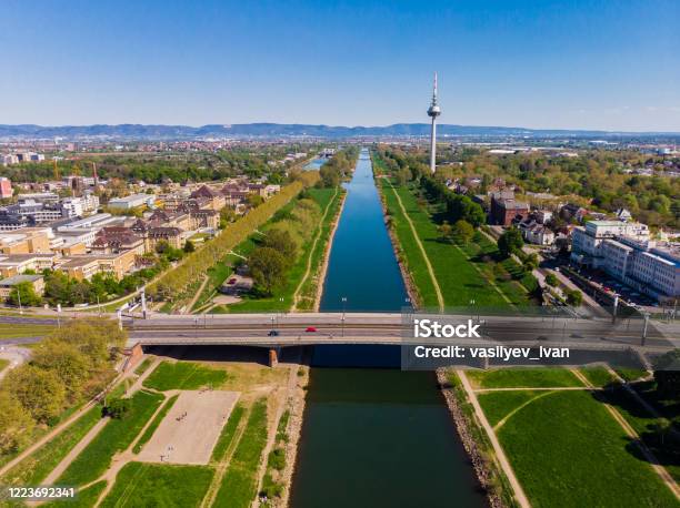 Top View Of The Embankment Of The Neckar River Bridges Tv Tower Green Grass And Trees Hospital Tram Lines Mannheim Germany Stock Photo - Download Image Now