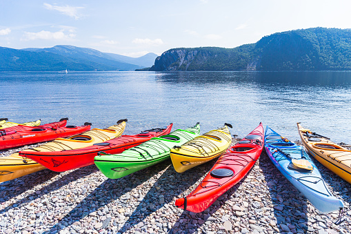 Kayaks on the beach, Birchy Head, Gros Morne National Park, Newfoundland and Labrador, Canada