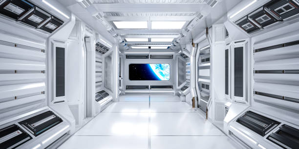 istock Futuristic Architecture Sci-Fi Corridor Interior in Space Station with Earth Planet View, 3D Rendering 1223695638