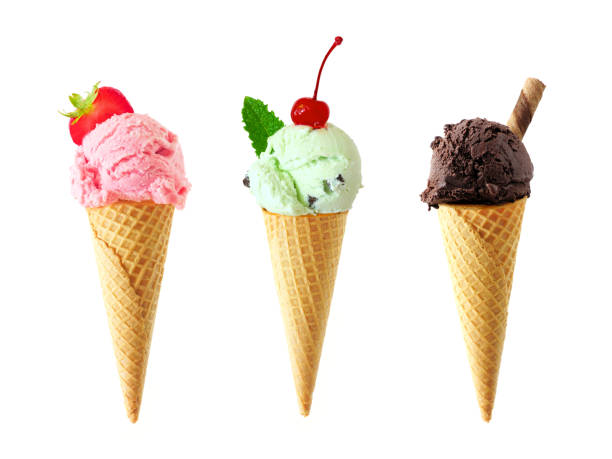 istock Ice cream cones isolated on a white background, strawberry, mint and dark chocolate 1223696058