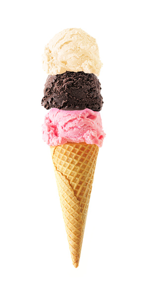 Triple scoop ice cream cone isolated on a white background. Strawberry, chocolate and vanilla flavors in a waffle cone.