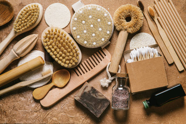 istock Zero waste concept. Set of eco friendly bathroom and kitchen accessories on a beige background. 1223698063