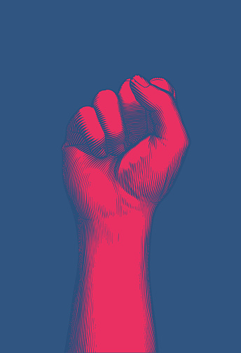 Bright red vintage engraved drawing front arm and hand fist gesture show up vector illustration isolated on deep blue background