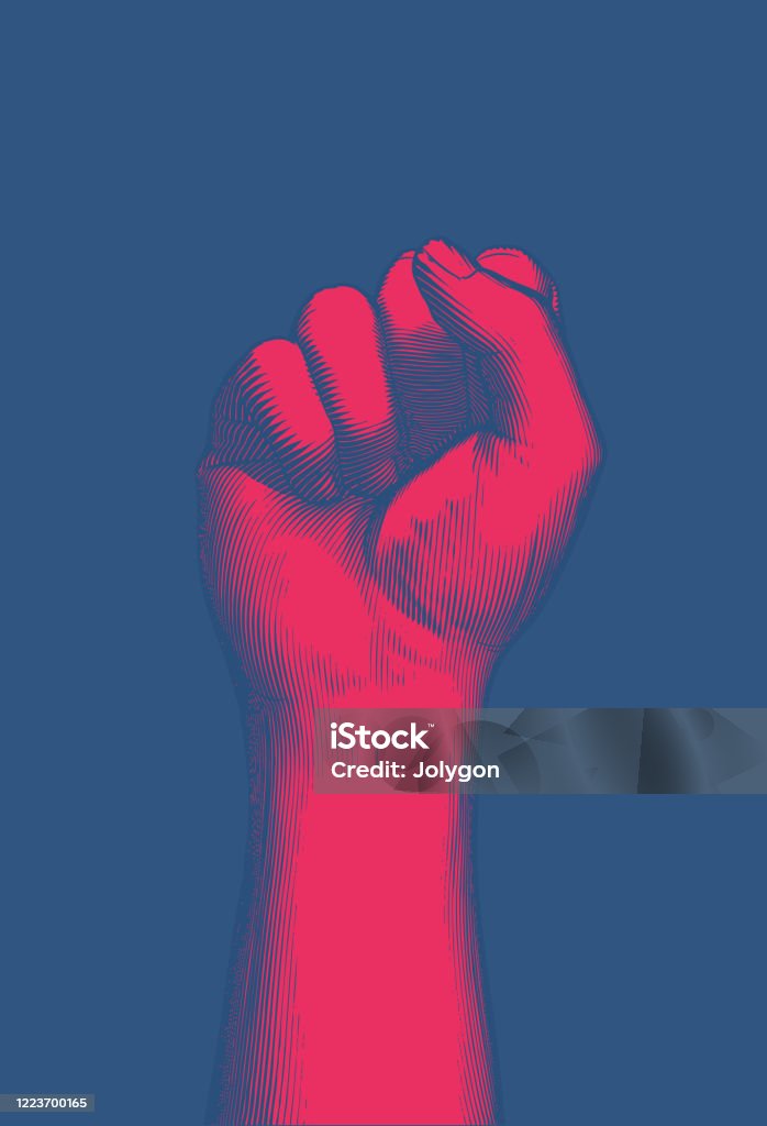 Red engraving human fist wrist hand up illustration on blue BG Bright red vintage engraved drawing front arm and hand fist gesture show up vector illustration isolated on deep blue background Fist stock vector