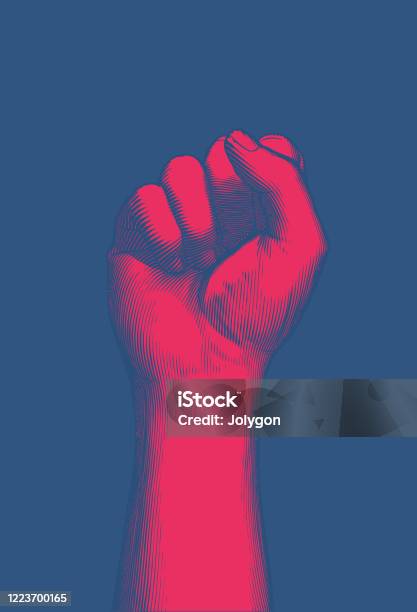 Red Engraving Human Fist Wrist Hand Up Illustration On Blue Bg Stock Illustration - Download Image Now