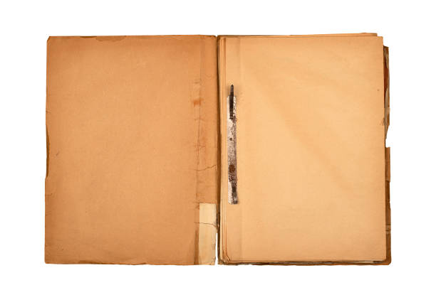open file folder with aged light brown empty pages front view closeup of old open file document folder with aged light brown empty pages cardboard covers and rusted metallic binding isolated on white background old file folder stock pictures, royalty-free photos & images