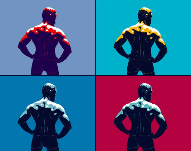 Vector illustration of Strong muscular man back vector illustration, bodybuilder athlete sportsman, strength and health lifestyle.