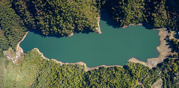 Mounains Lagoon Embalse Bullileo en region Maule, Chile. Aerial drone view.
