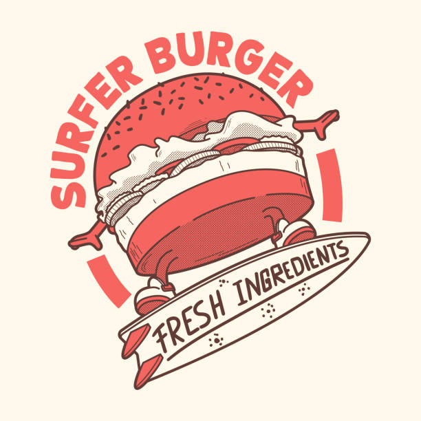 서퍼 버거 캐릭터 벡터 일러스트레이션입니다. - hamburger bun barbecue sign stock illustrations