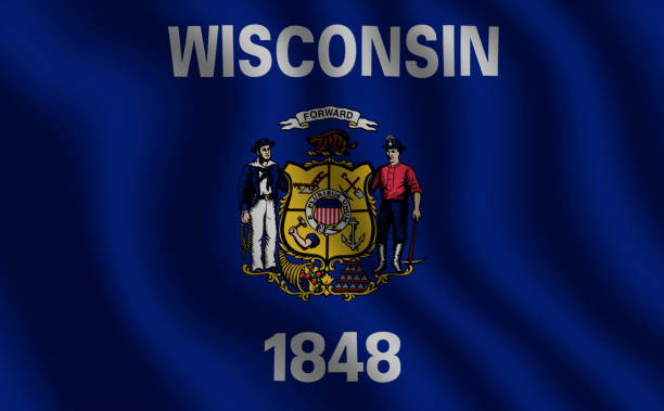istock Image of the waving flag American state Wisconsin (3D rendering) 1223710982