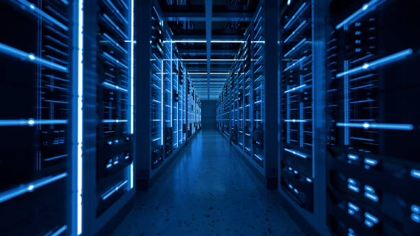 data center Server racks in computer network security server room data center. 3D render dark blue dark server stock pictures, royalty-free photos & images