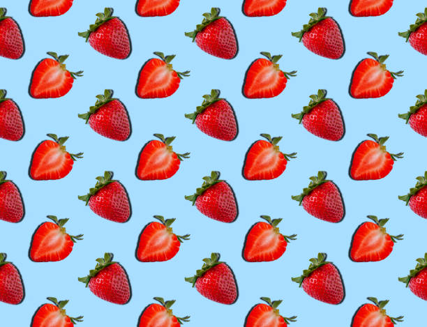 istock Seamless Pattern of Strawberry on Blue Background. Food concept. Summer minimalism. Flat lay 1223716962