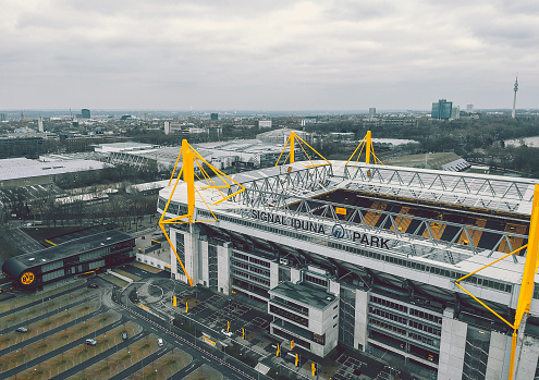 Dortmund / Germany - February 2020: Aerial view over Westfalenstadion, the home stadium of Borussia Dortmund football club