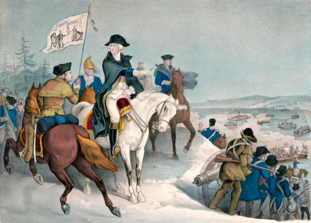 George Washington Crosses the Delaware River, 1776 Vintage illustration depicts a scene from the American Revolution where General George Washington prepares to cross the Delaware River with 5,400 troops, hoping to surprise a Hessian force celebrating Christmas at their winter quarters in Trenton, New Jersey. british culture illustrations stock illustrations