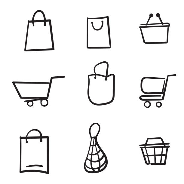 satz von handgezeichneten einkaufswagen-symbole. sammlung von web-icons für online-shop, aus verschiedenen warenkorb-icons in verschiedenen formen. doodle - buttoning stock-grafiken, -clipart, -cartoons und -symbole