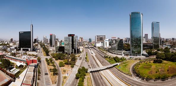 Lima, Peru - April 2020: Panoramic aerial drone view of  San Isidro district empty streets at lockdown of coronavirus pandemic on april 28 in Lima, Peru.
